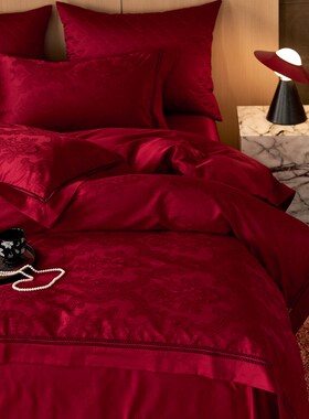 100支长绒棉提花婚庆简约大红色四件套全棉纯棉1.5m1.8米被套床单