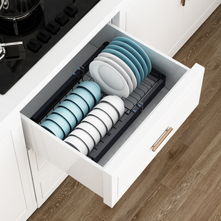 厨房置物架伸缩放柜子里的碗架沥水架橱柜抽屉P内置碗筷碗碟收纳