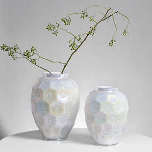 法式浮雕玻璃花瓶珍珠彩水养玫瑰百合插花摆件装饰客厅轻奢高级感