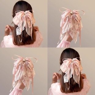 轻奢碎花网纱蝴蝶结马尾夹高级感花卉刺绣发夹高颜值叶子碎花抓夹