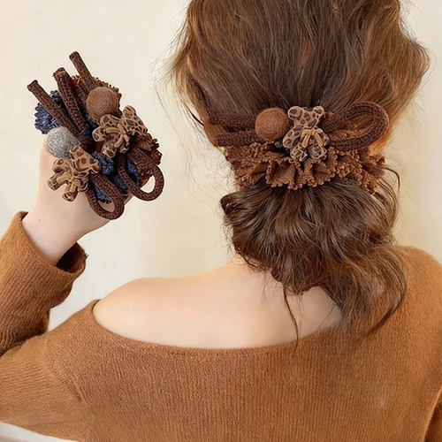 豹纹小熊毛球大肠发圈高级感