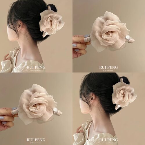 温柔梅落粉网纱花朵珍珠抓夹