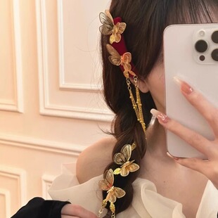 新中式立体蝴蝶发夹合金一字夹古风女高级感结婚头饰金色新娘发饰