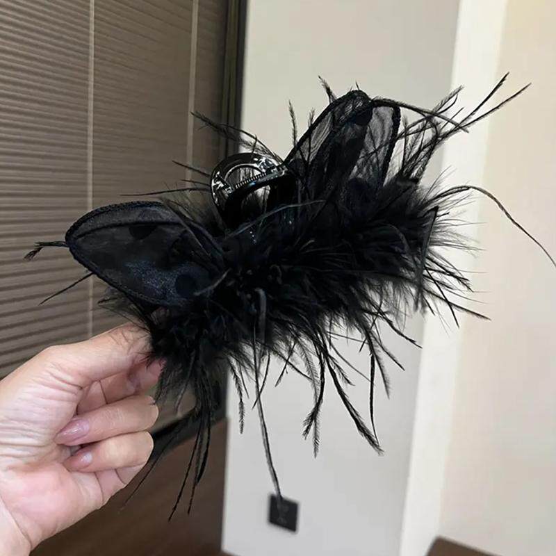 黑色精灵猫抓夹羽毛发夹女秋冬新款后脑勺显发量猫耳朵鲨鱼夹子