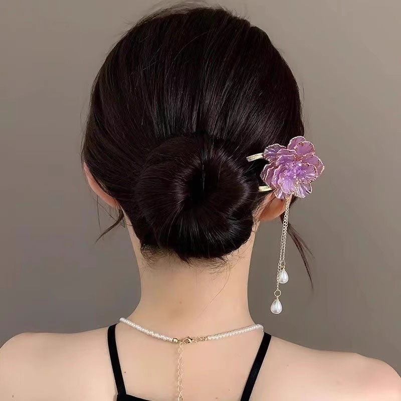 精致牡丹花流苏U型发簪女高级感盘发簪子步摇古风发钗子插梳头饰