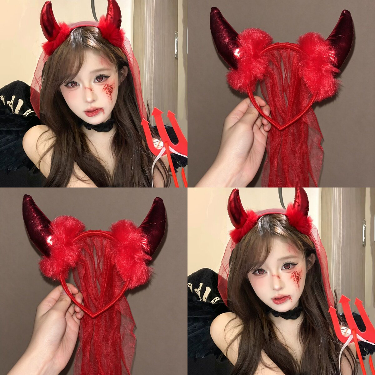 毛绒牛角头纱头饰cos小恶魔氛围感装扮万圣节恶魔角网纱头纱发箍