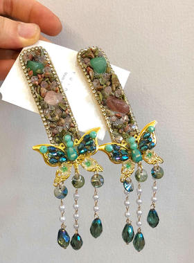 新中式复古绿色水晶蝴蝶流苏发夹2026年春夏氛围感侧边夹bb夹发饰