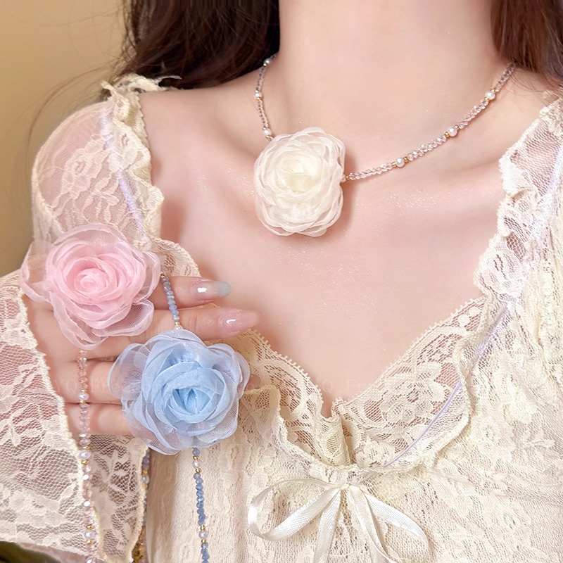 法式复古玫瑰花朵珍珠项链