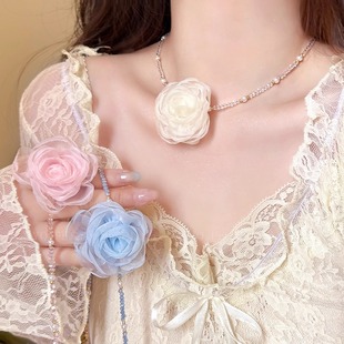 法式复古玫瑰花朵珍珠项链超仙气质锁骨链网红时尚新款高级感项饰