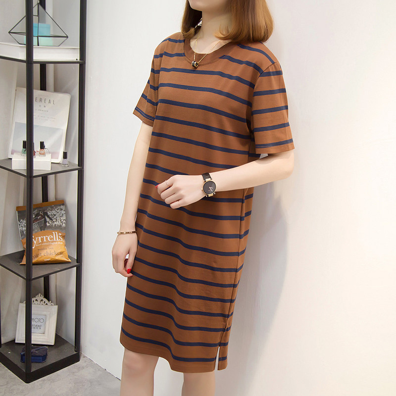 短袖宽身夏季长衫长装T恤桖裇丅群女土条纹纯棉遮臀中长款打底衫