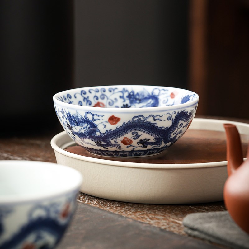龙凤呈祥普洱茶杯中式陶瓷个人专用高档主人杯家用盖碗茶杯套装