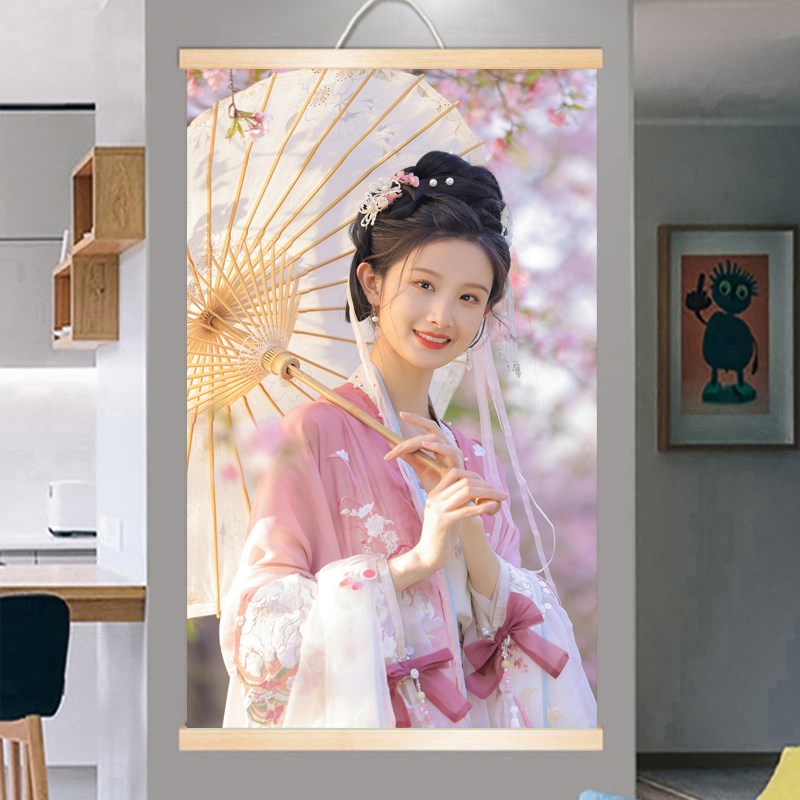 定制图案古风汉服美女挂画卫生间防水免钉壁画书房卧室床头装饰画图片
