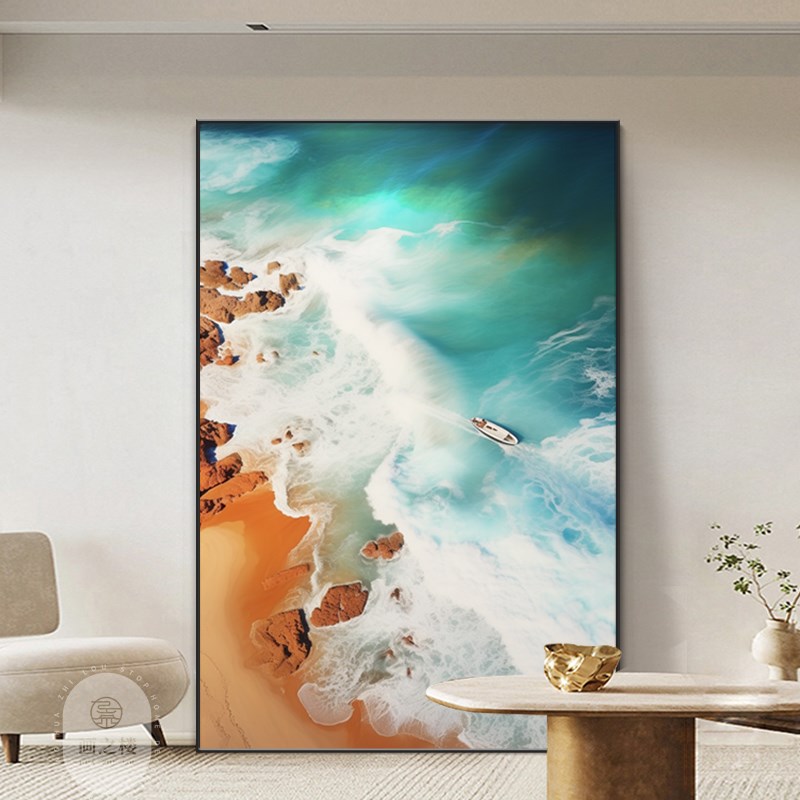 大海浪花装饰画客厅书房办公室背景挂画沙滩风景蓝色餐厅酒店挂画图片