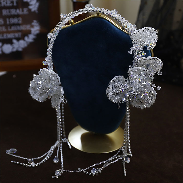 新款轻奢手工超闪透明晶莹花朵流苏发箍梦幻新娘婚礼影楼跟妆配饰