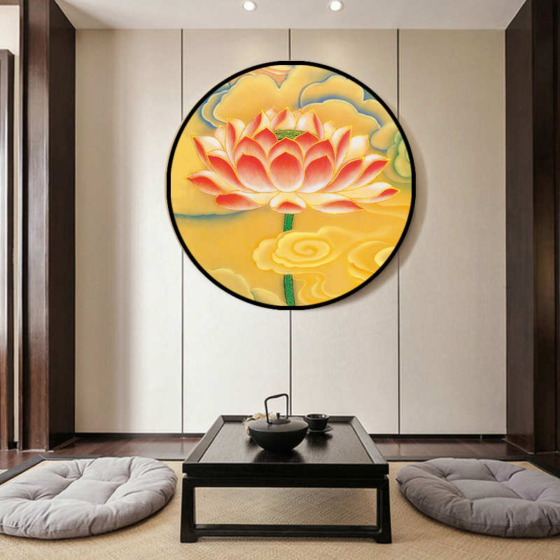 莲花挂画禅意荷花客厅装饰画新中式圆形实木饭店餐馆背景玄关壁画图片