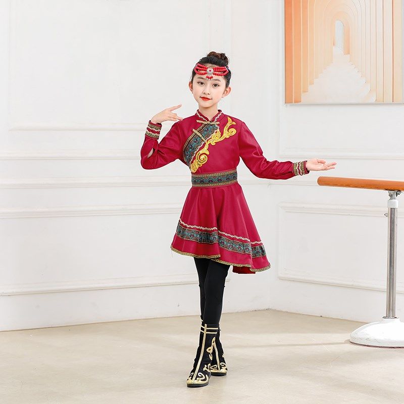 新款儿童蒙古舞蹈演出服少数民族六一表演服草原筷子舞蒙古袍女童