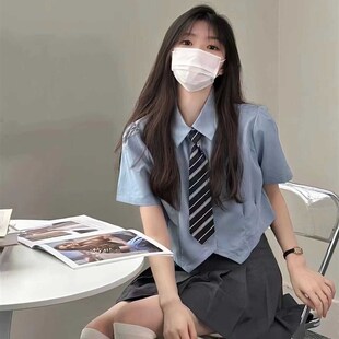 学院风蓝色衬衫 显瘦Polo领上衣搭配百褶裙 jk制服套装 设计感短款