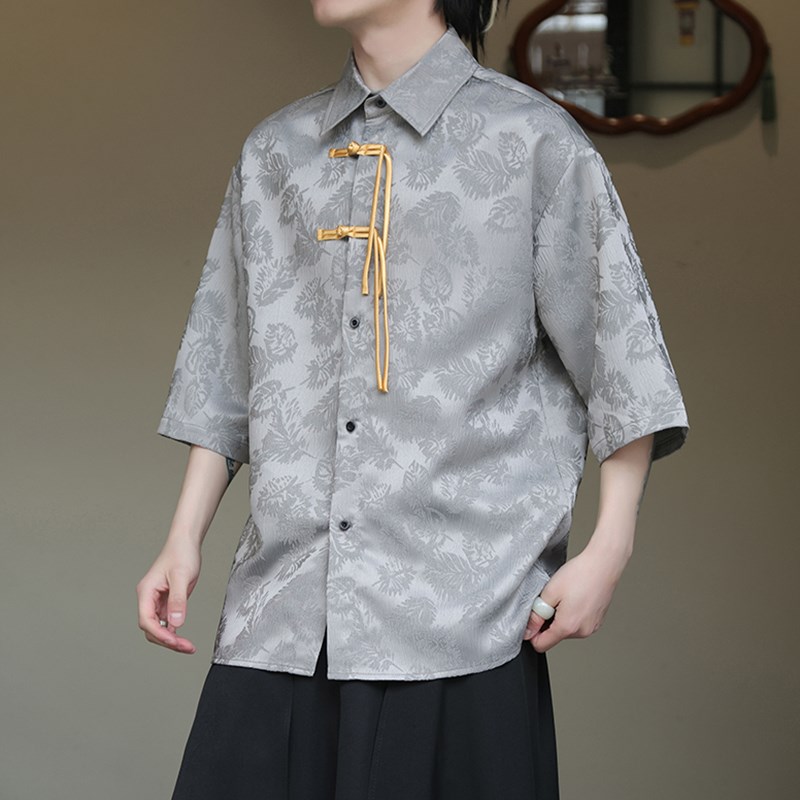 新中式暗纹提花夏季薄款唐装衬衫中国风休闲七分袖汉服茶服居士服