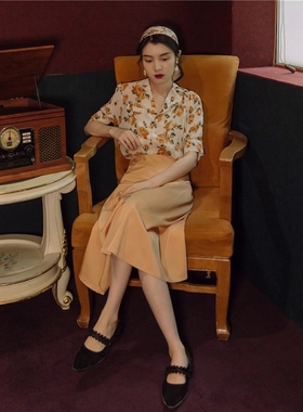 夏港风套装女花色衬衫复古高腰黄色半身裙气质显瘦轻熟两件套裙子