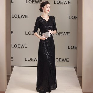 大合唱演出服女长款黑色闪亮年会指挥服主持成人礼仪晚礼服装宴会