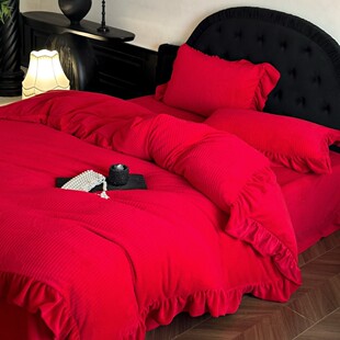 大红喜庆囍礼之约提花牛奶绒四件套保暖婚庆床上用品 香龄优品
