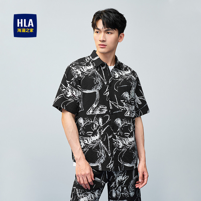 HLA/海澜之家潮流碎花夏短袖休闲衬衫时尚宽松外套上衣男