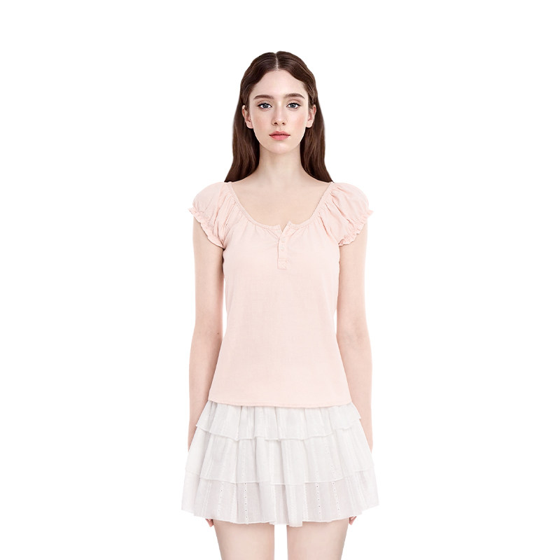 BF短袖女2025新款夏季甜美温柔纯欲风T恤圆领泡泡袖百搭显瘦上衣