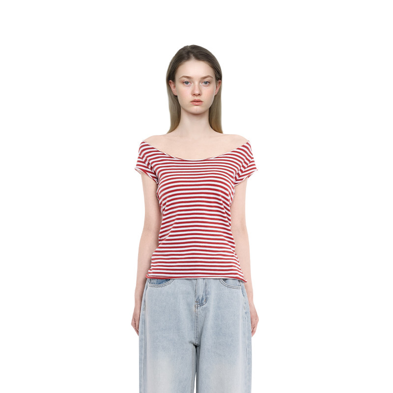 BF短袖女2025新款夏季一字领红白条纹纯欲风性感显瘦百搭t恤上衣
