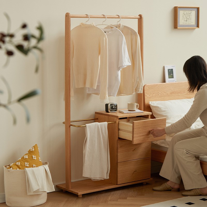 北欧实木衣帽架落地床头柜衣架一体卧室家用挂衣柜移动斗柜挂衣架