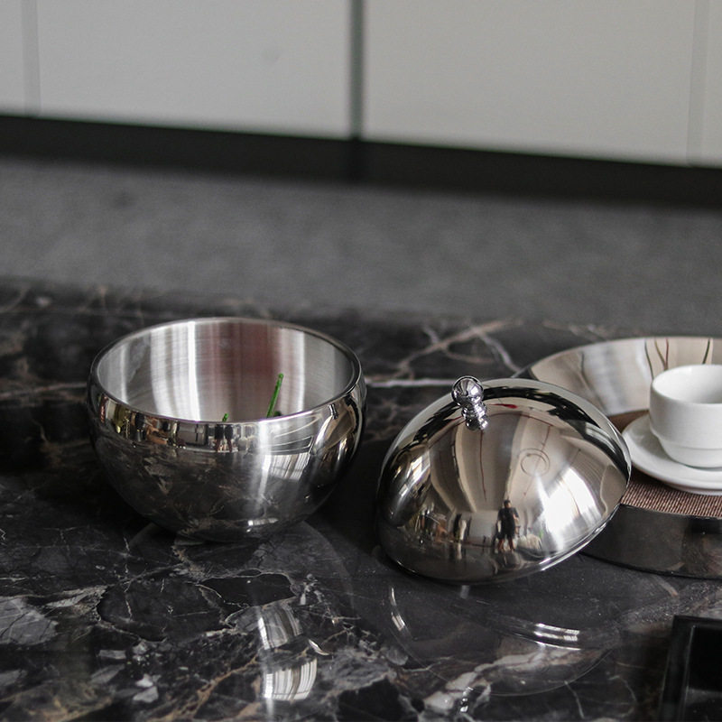 极简镜面不锈钢球形带盖冰粒桶水果盘冰桶酒店桌面储物罐冰粒碗
