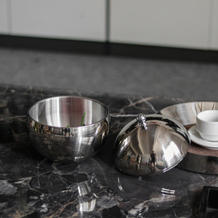 极简镜面不锈钢球形带盖冰粒桶水果盘冰桶酒店桌面储物罐冰粒碗