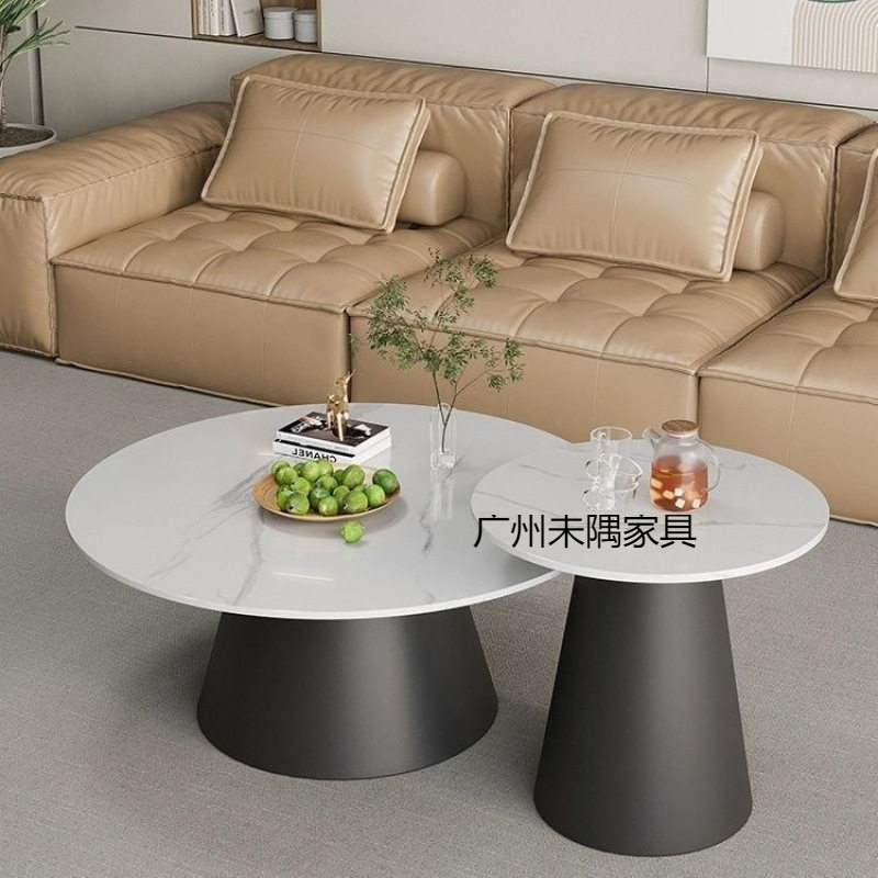 意式轻奢现代岩板圆形茶几高低组合客厅家用小户型小茶几边几角几