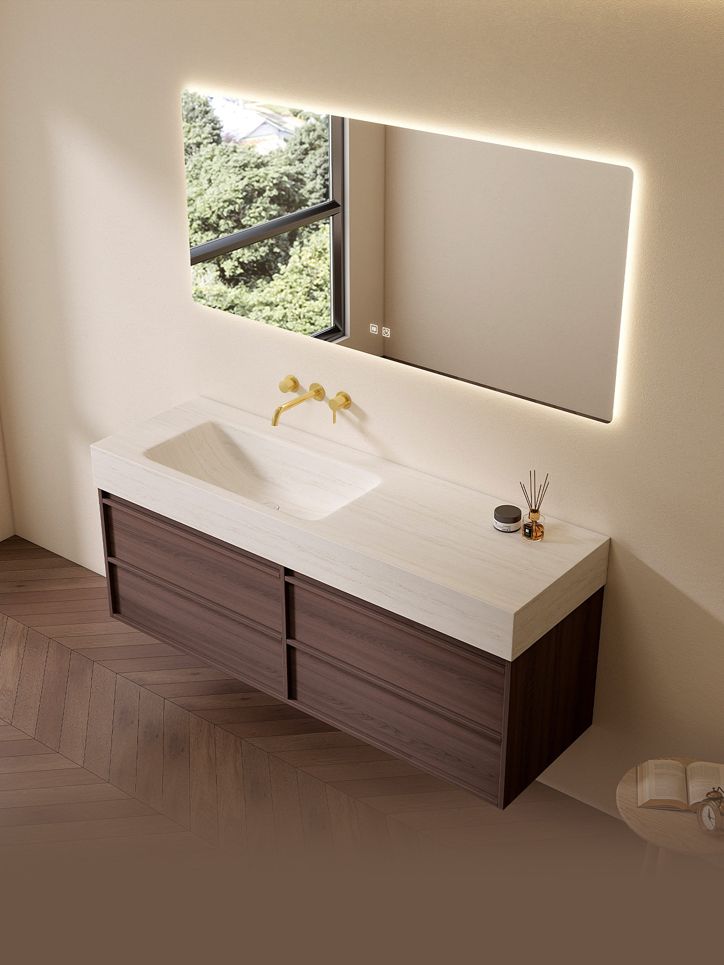 洞石中古风岩板热弯一体盆浴室柜组合卫生间洗手洗脸池洗漱台