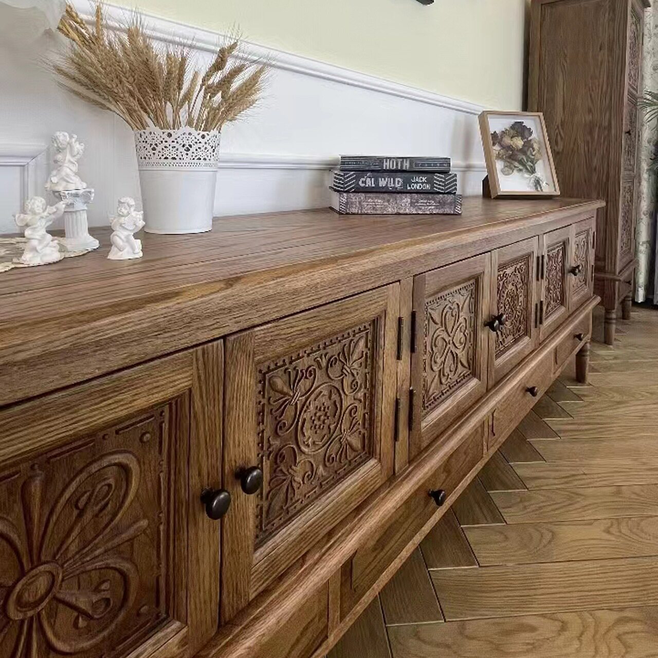 美式乡村实木雕花电视柜组合复古田园风橡木客厅收纳柜民宿长地柜