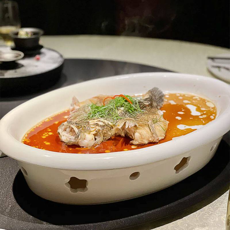 酒店陶瓷餐具蜡烛加热双层旦形梅花炉保温鱼盘中式特色明炉鱼炉盘