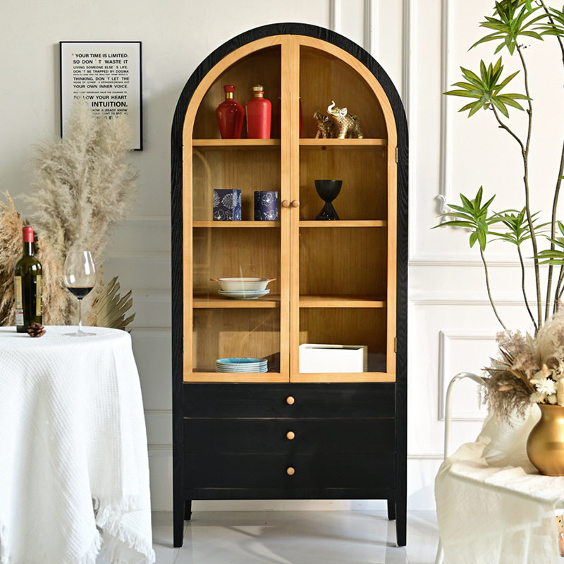 新品法式复古拱形书柜 两门玻璃酒柜立柜 靠墙实木装饰柜客厅书房