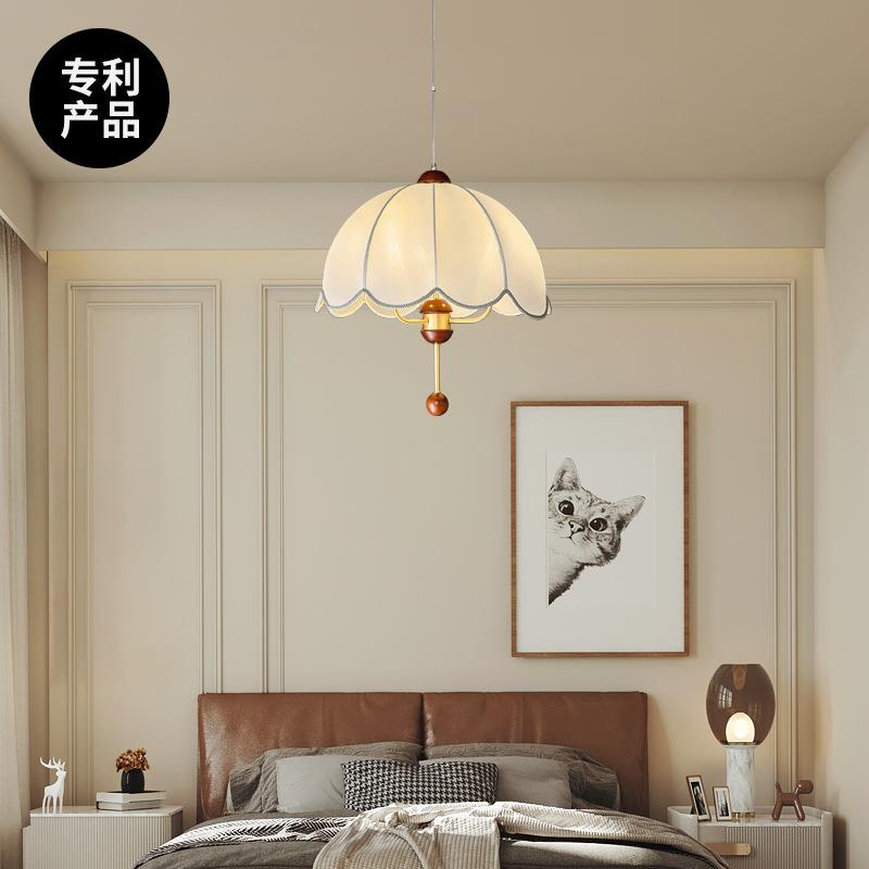 法式田园风吊灯布艺餐厅卧室吊灯胡桃木中古印花全铜复古美式灯具