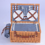 临沂厂家4人份方形柳编野餐篮户外便携野营篮子带固定冰袋野餐垫