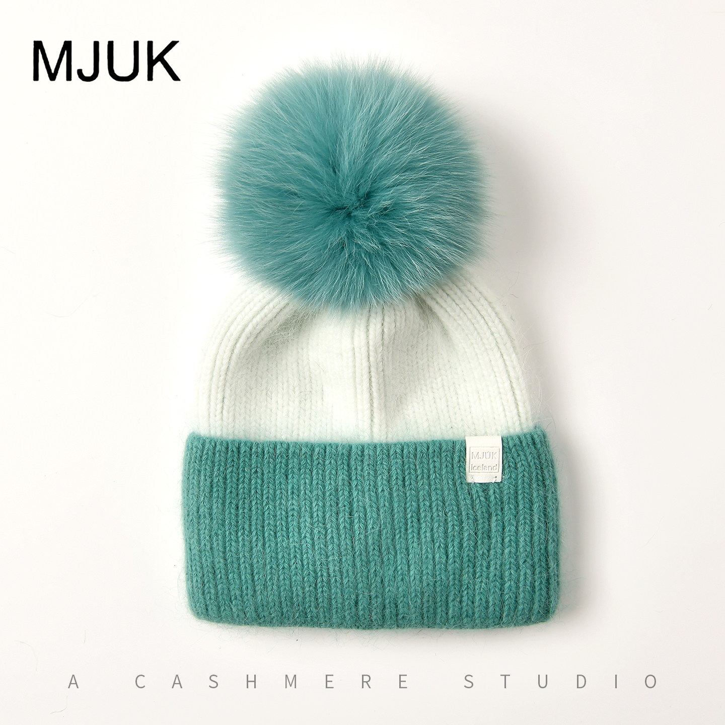 兔毛拼色狐狸毛球帽子女