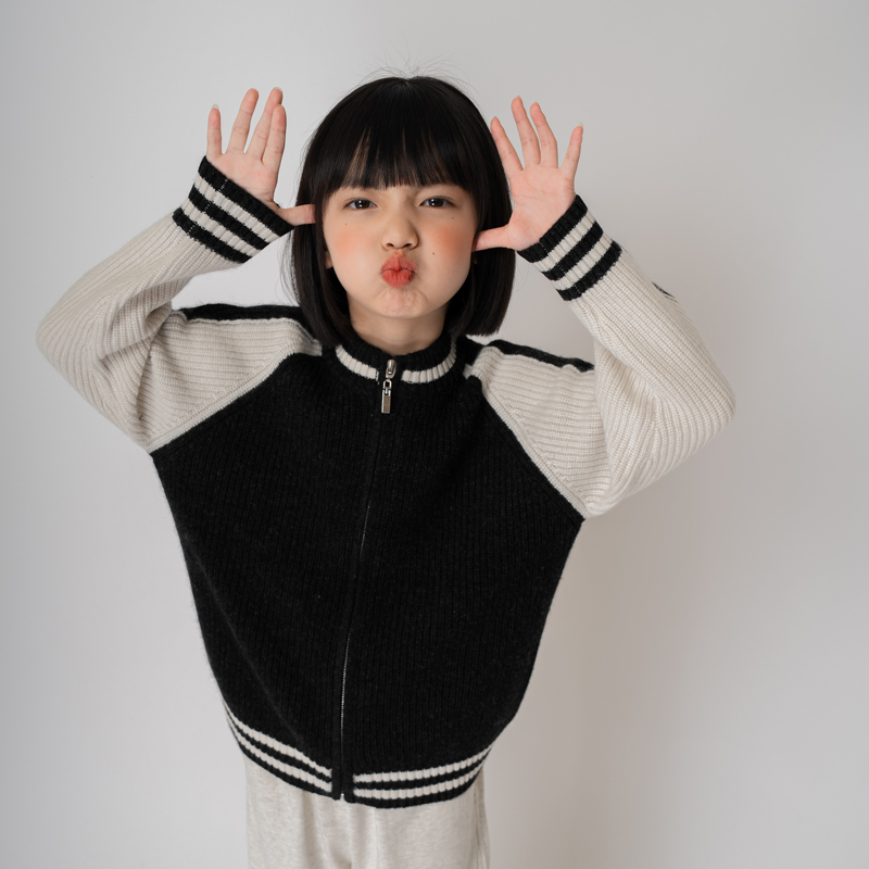 【100%羊绒】女童拉链开衫外套儿童羊绒L衫拼色针织毛衣韩版休闲