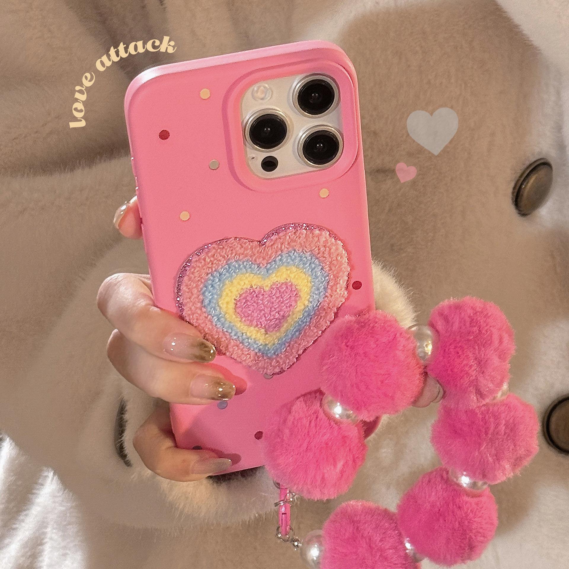 ins风彩色爱心手链苹果16手机壳iphone15pro max适用13毛巾绣14软