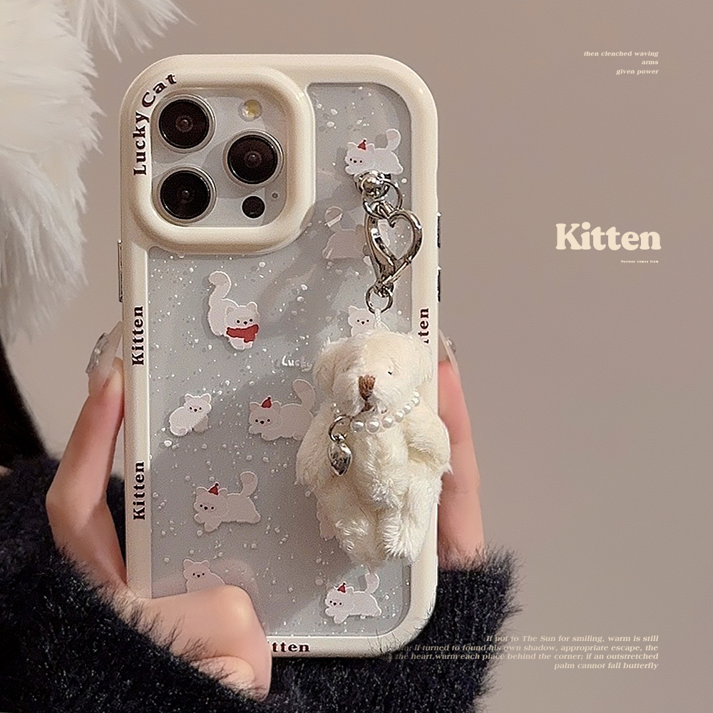 可爱围巾猫咪适用15ProMax苹果16手机壳iPhone13珍珠熊挂坠14磁吸