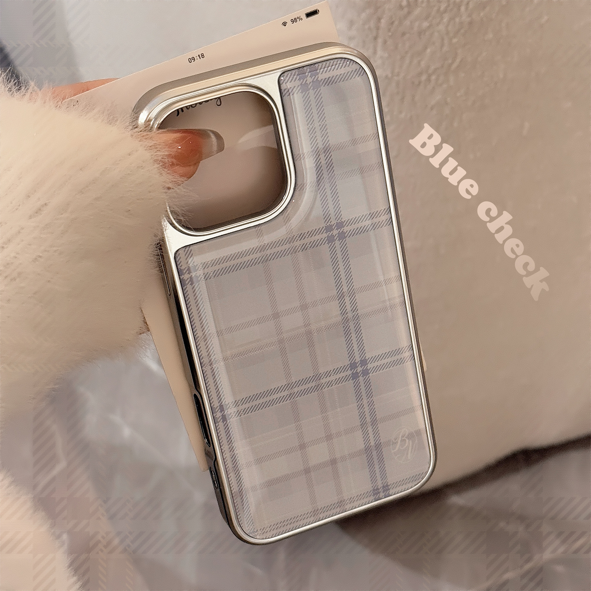 蓝色格纹适用16苹果15promax手机壳iphone14滴胶13韩系15电镀防摔
