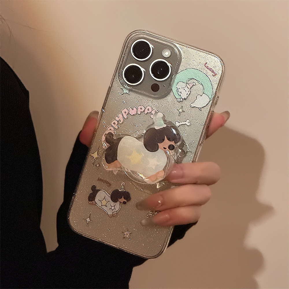 日韩ins蝴蝶腊肠狗支架苹果16手机壳15闪粉iphone14pro max适用11