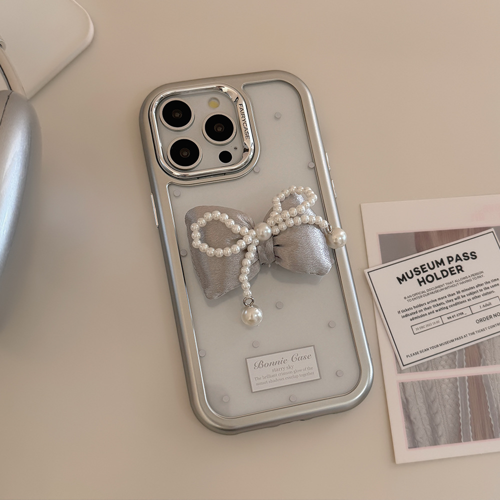 立体珍珠蝴蝶结iPhone15苹果手机壳14亚克力16适用13promax轻奢风
