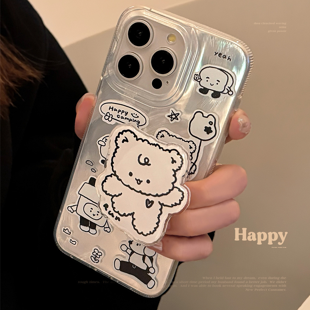 简约ins贴纸风小熊支架手机壳苹果15promax适用iphone13/16羽纱14