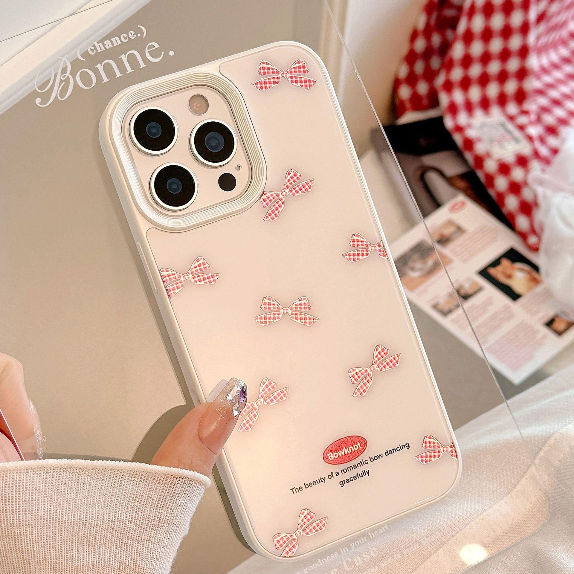 鎏金红格纹蝴蝶结iPhone15手机壳苹果14适用16promax玻璃硬13甜美