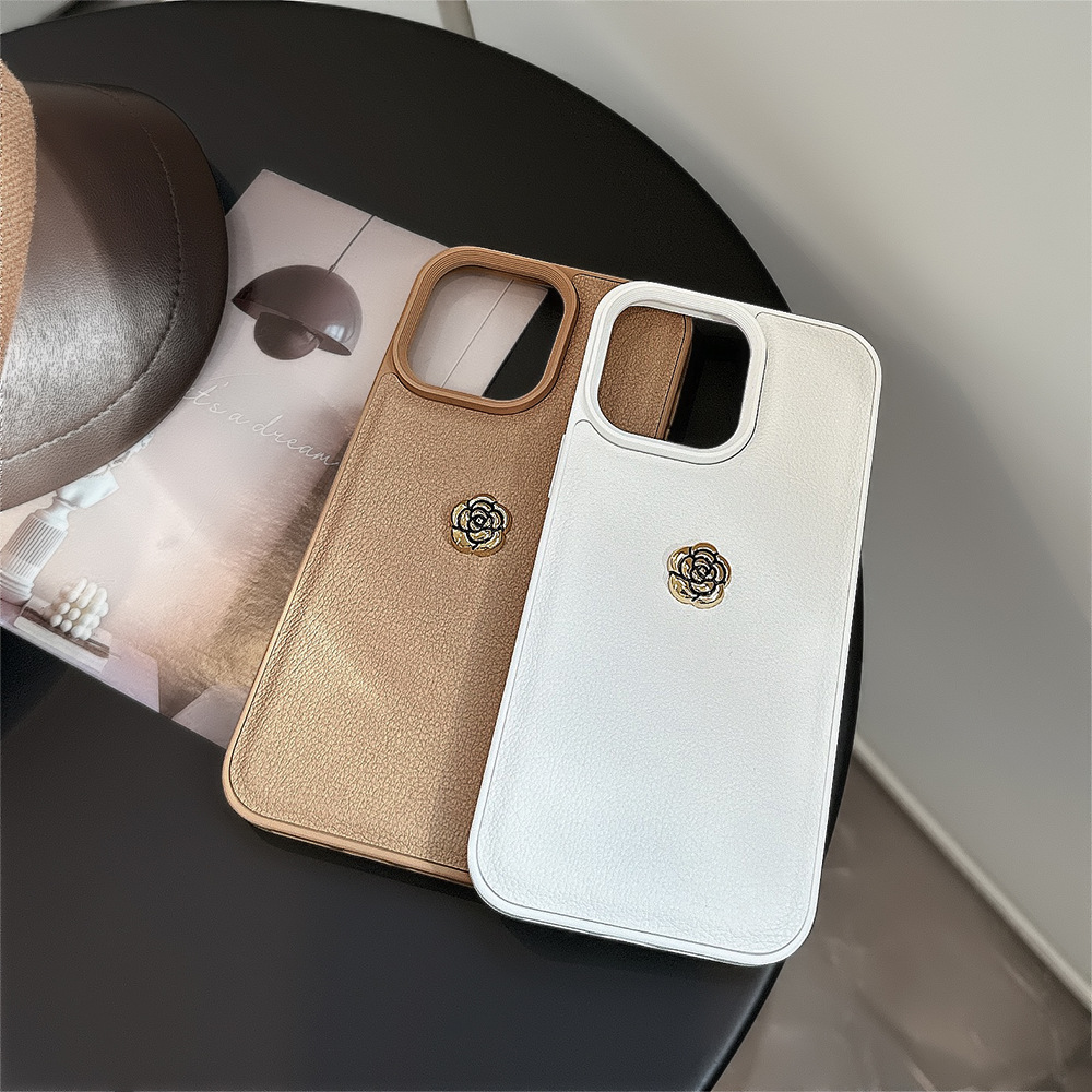 轻奢山茶花适用苹果16手机壳iPhone15promax纯色荔枝纹11秋冬13硬