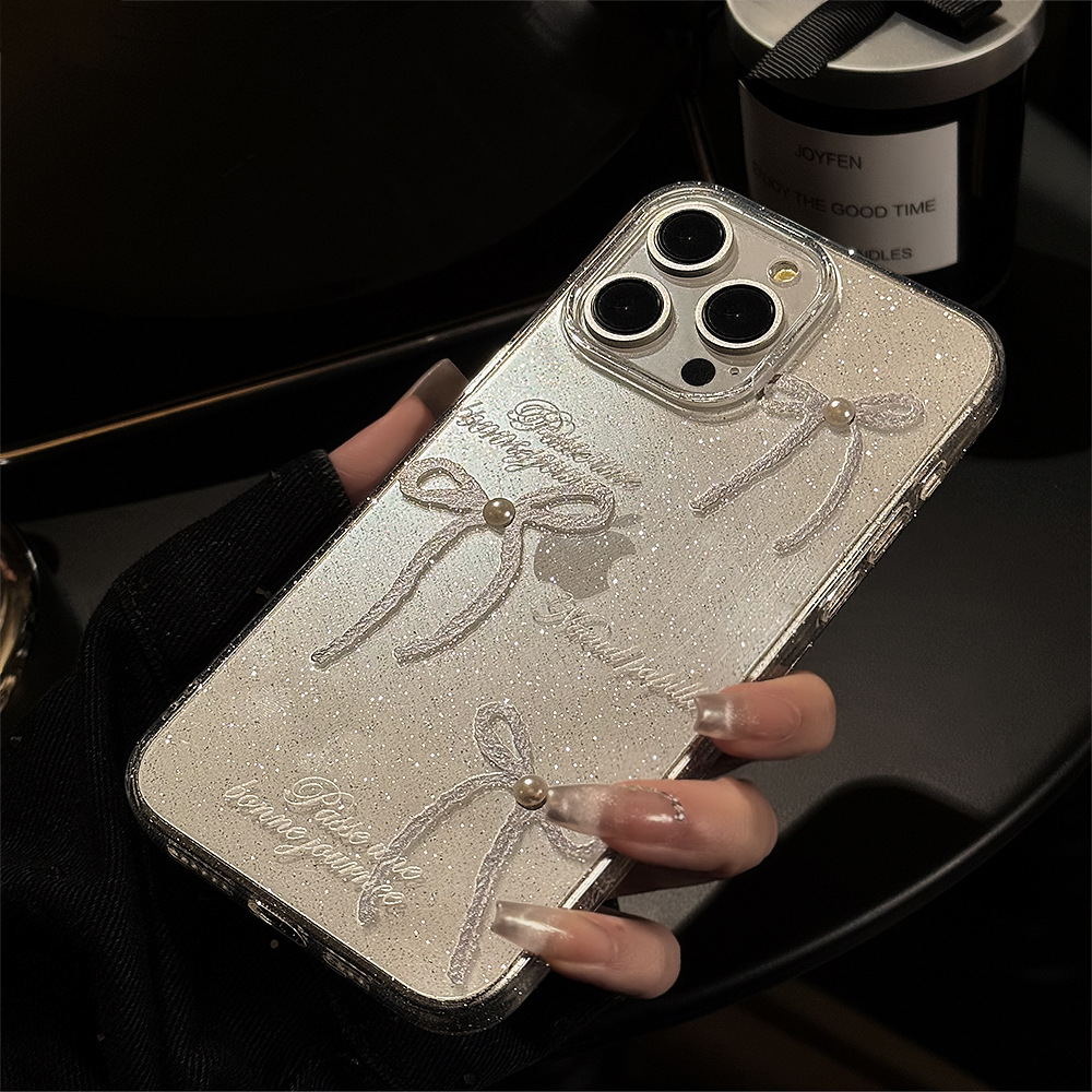 闪粉ins珍珠蝴蝶结iphone苹果16手机壳14透明15pro max小众11适用