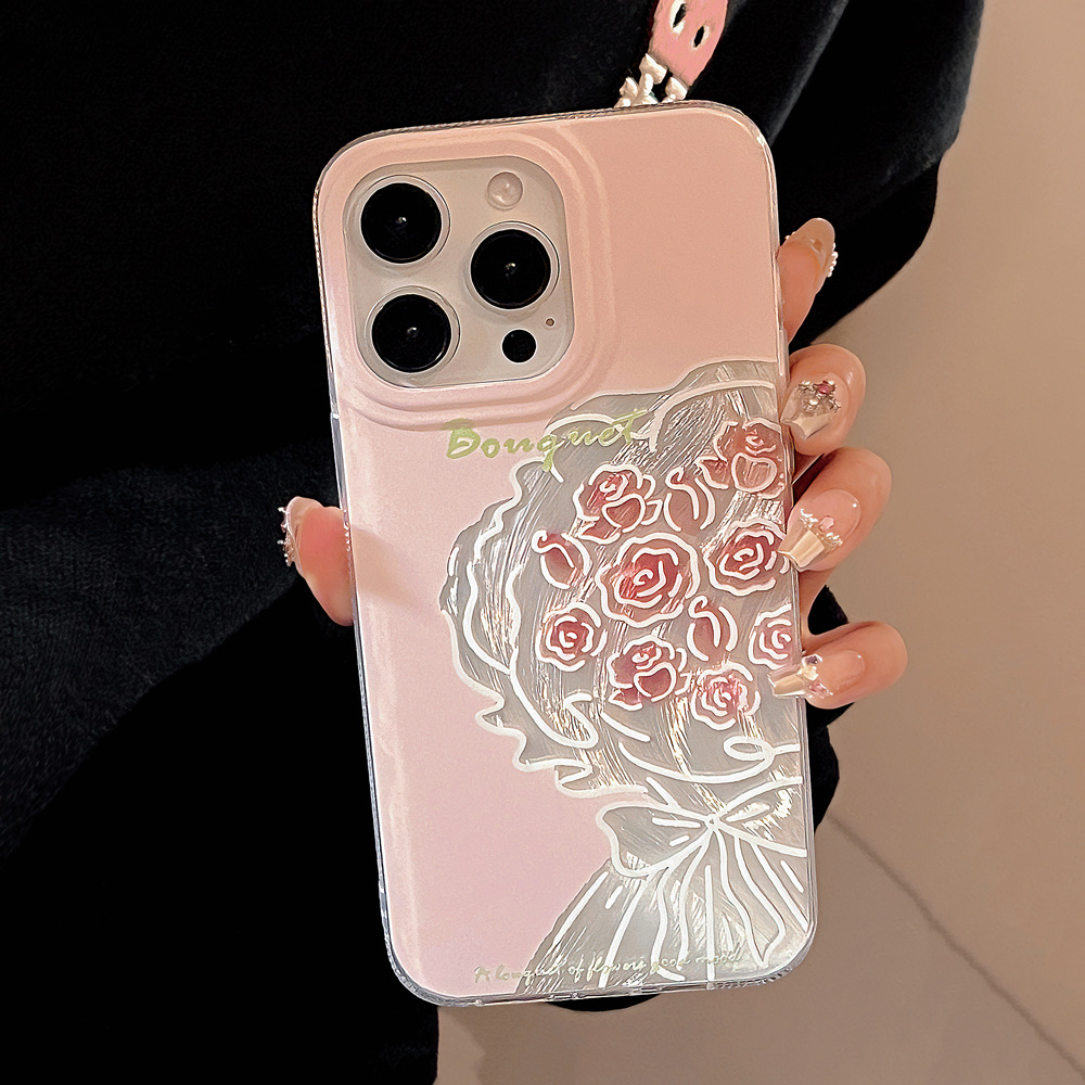 ins粉色玫瑰花朵适用14苹果15pro max手机壳iphone13文艺12羽纱16